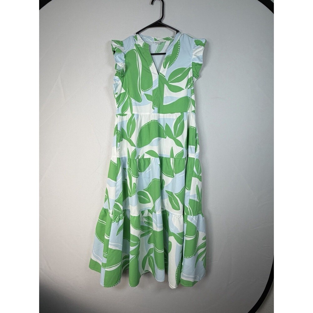 Mary Square Women’s S Green Blue Floral Tiered Maxi Dress Ruffle Sleeve Pockets